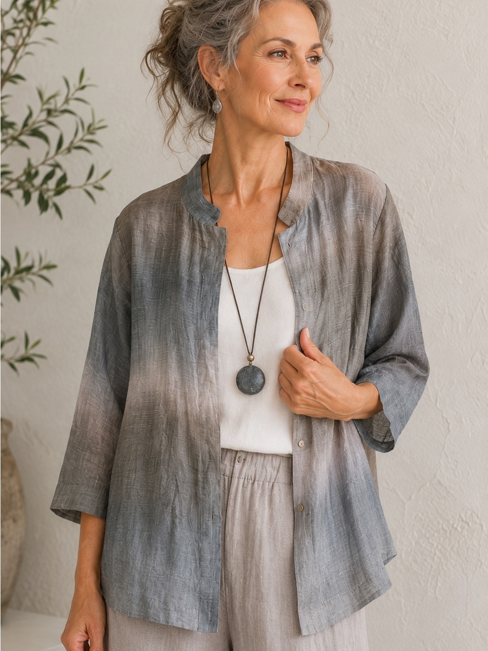 bryn Walker Gradient Grey Ombre Linen & Silk Button-Down Shirt Jacket